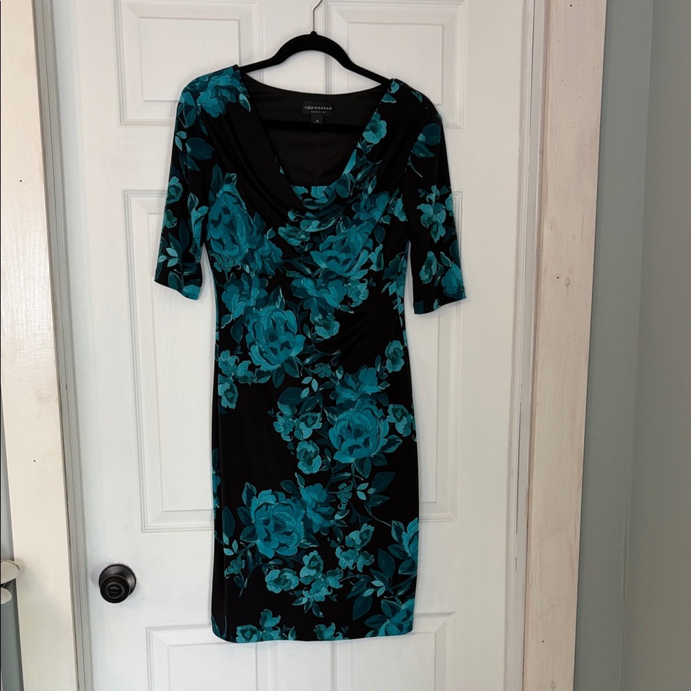 Connected Apparel Teal Floral Print Midi Dress